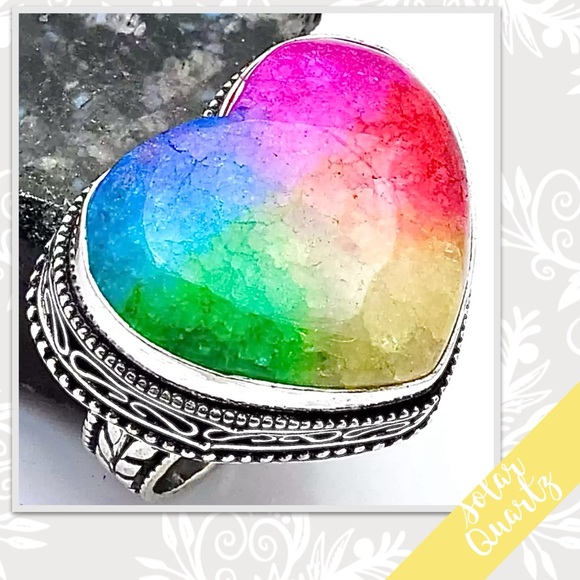 Jewelry - Rainbow Solar Quartz Silver Artisan Heart Ring, Sz 8 Blue Green Yellow Red Pink